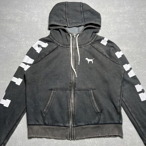 PINK Victoria Secret DK Gray Full Zip Distressed Hem Hooded Sweatshirt Size: Med - Picture 1 of 13
